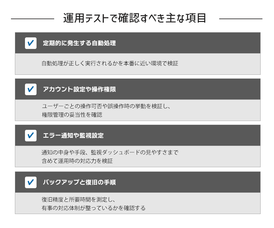 運用テストで確認すべき主な項目4点